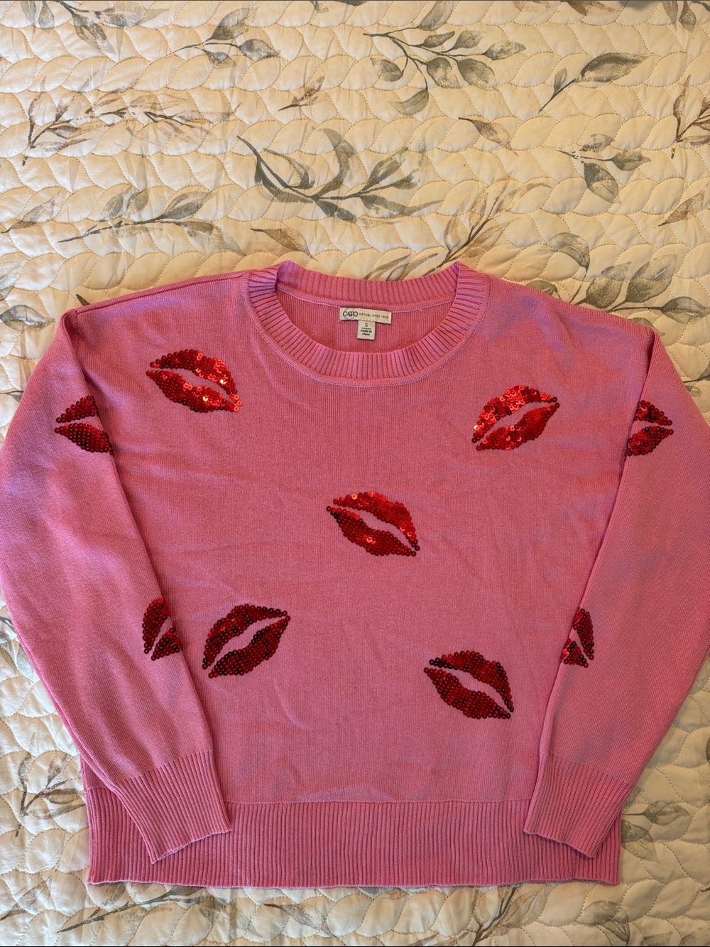Cato Pink Crewneck Sweater with Red Sequin Lip Appliqués